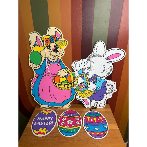 Vintage Easter hanging wall window decorations bunny eggs - Picture 1 of 6
